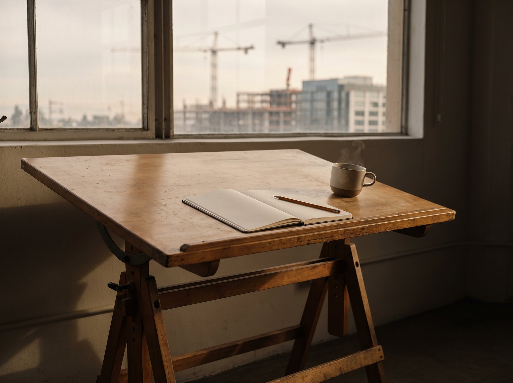 A drafting table by a window with a single open notebook, sharpened pencil and a coffee cup. The view shows a distant data centre under construction.