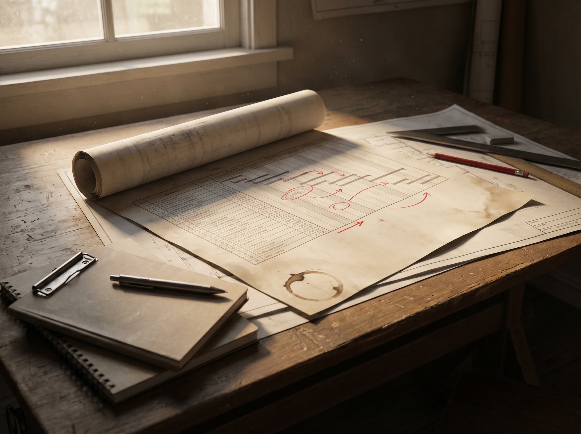 A printed Gantt chart programme partially unrolled on a drafting desk, marked up with red pen circles and arrows showing slippage, with a coffee ring on one corner.