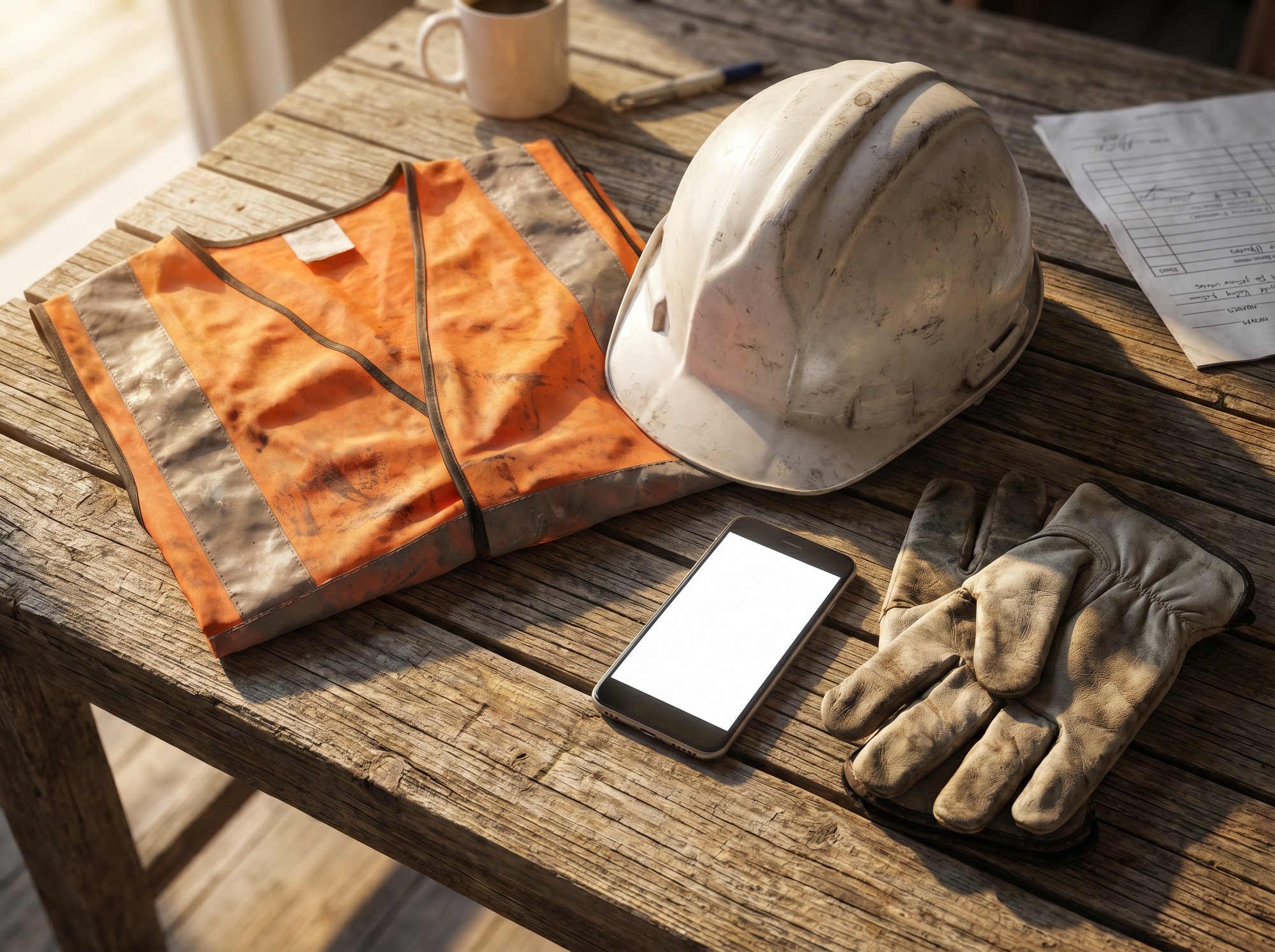 A folded high-vis vest, white hard hat, work gloves and a smartphone with blank app screen on a weathered timber site office desk.