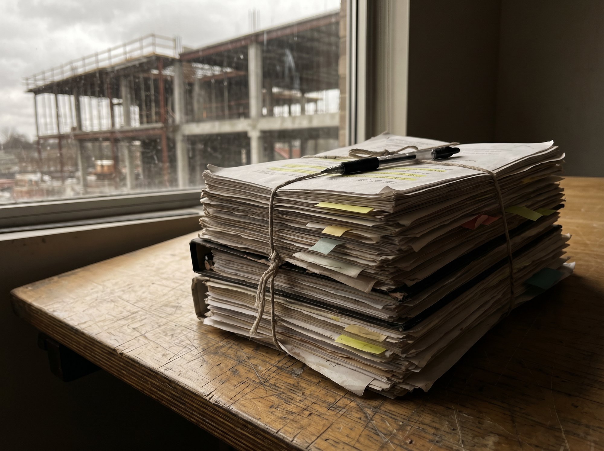 A large bundle of dog-eared printed UK construction contracts, JCT and NEC4 documents, with sticky tabs and pen marks.