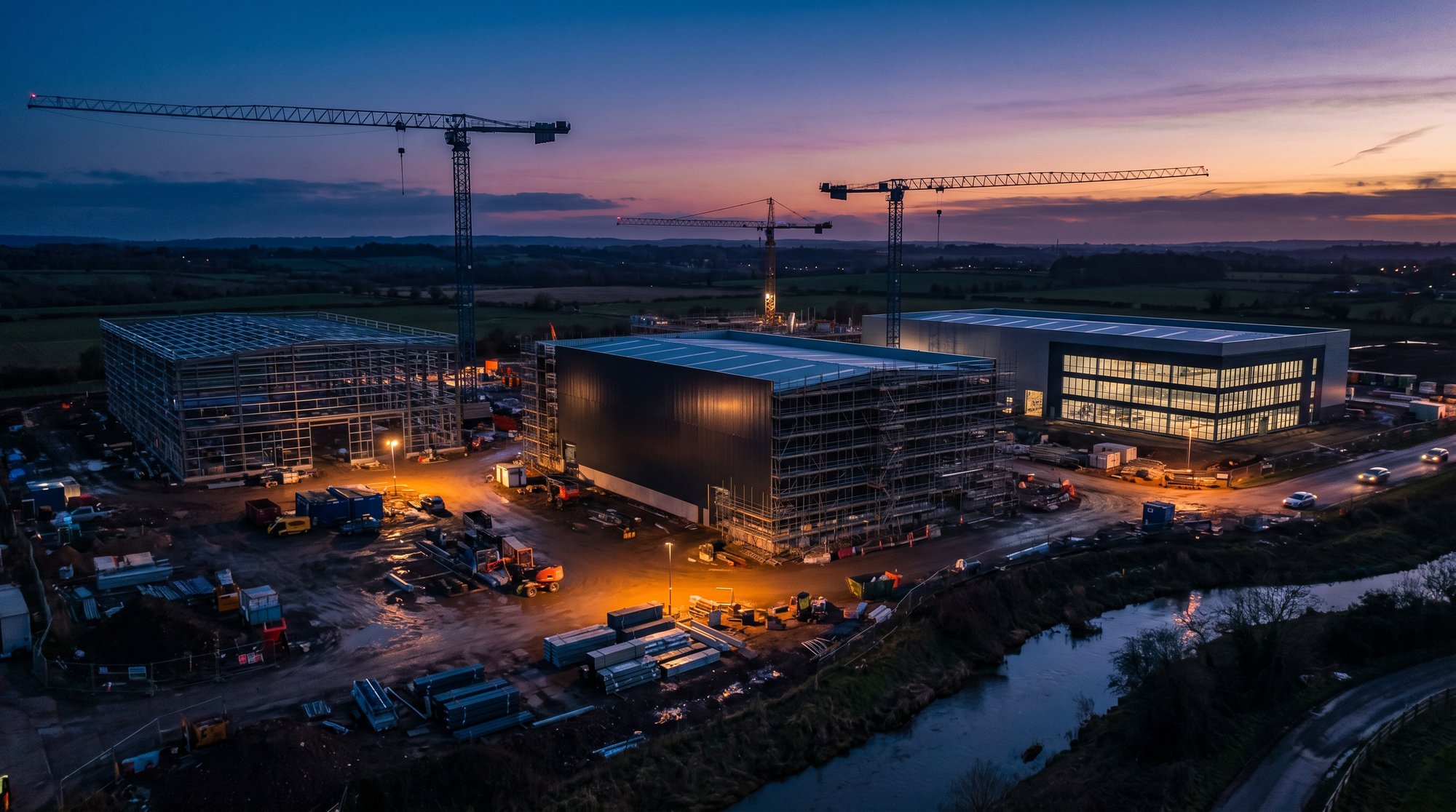 Aerial dusk photograph of a UK data centre construction site with three rectangular halls in different stages of completion, tower cranes silhouetted against a deep blue-purple sky.