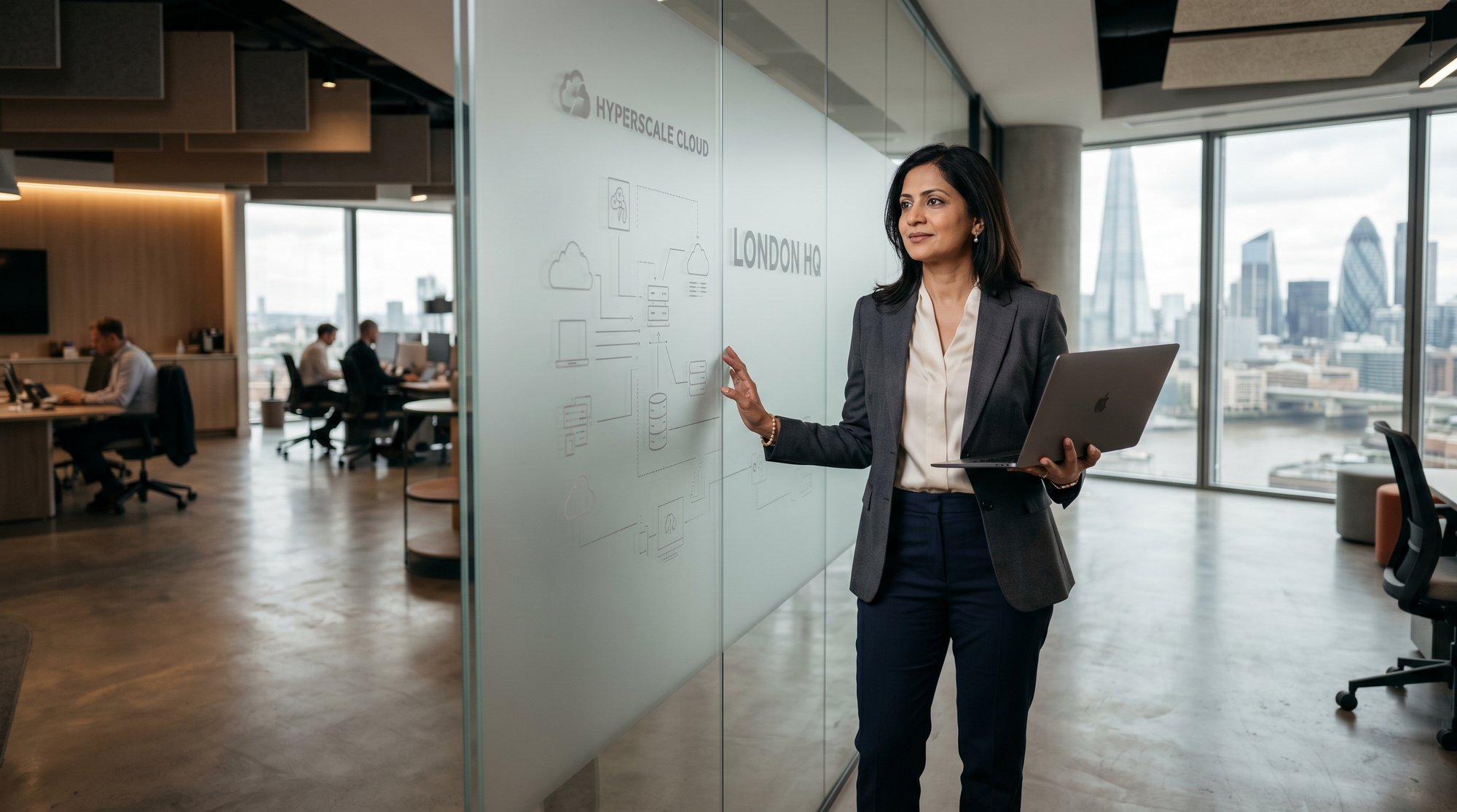 Krupa, CIO Phoenix Digital, business attire at headquarters office, monitor showing the monthly client report.