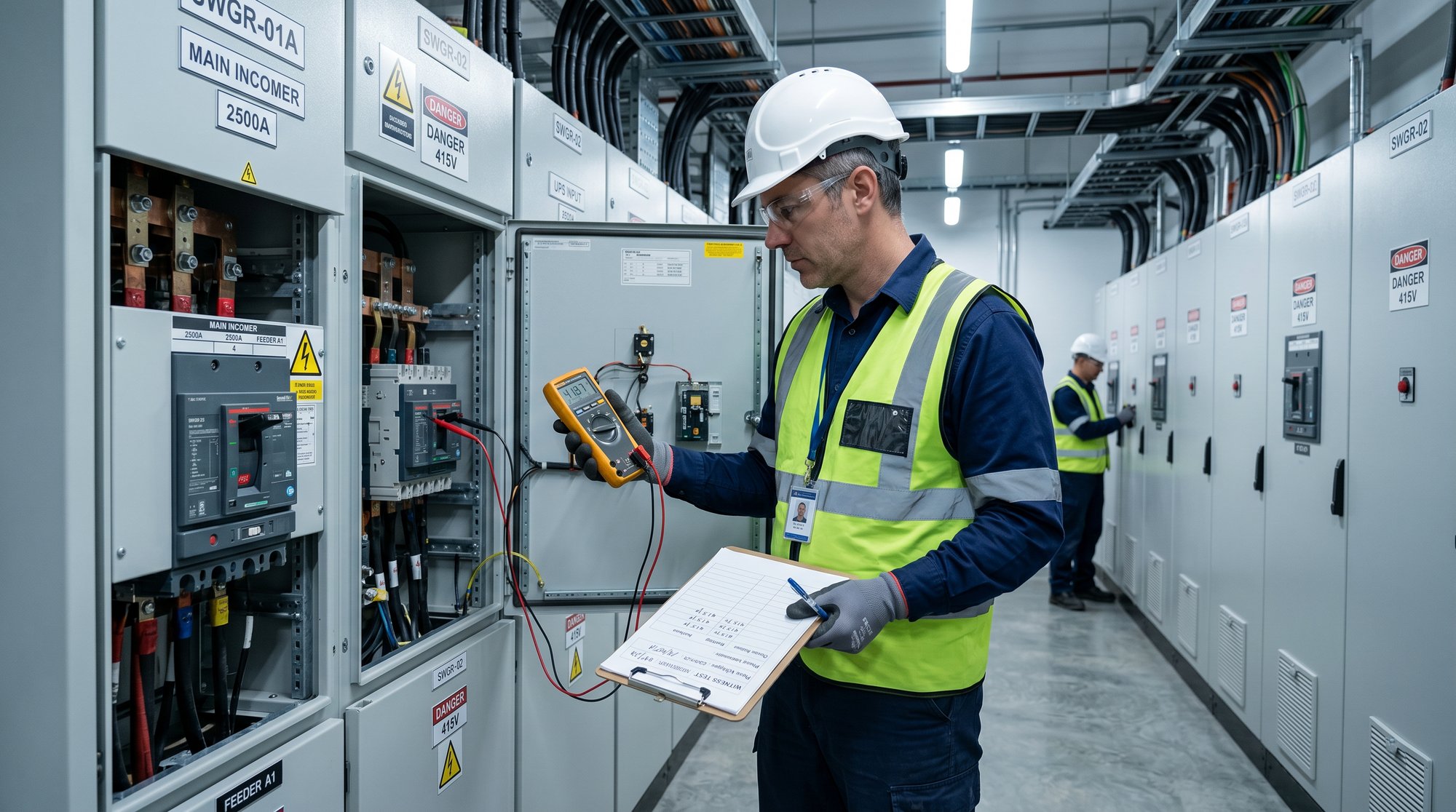 A commissioning engineer in a data hall standing beside a rack of switchgear, ruggedised tablet showing test-witness sign-off in progress.