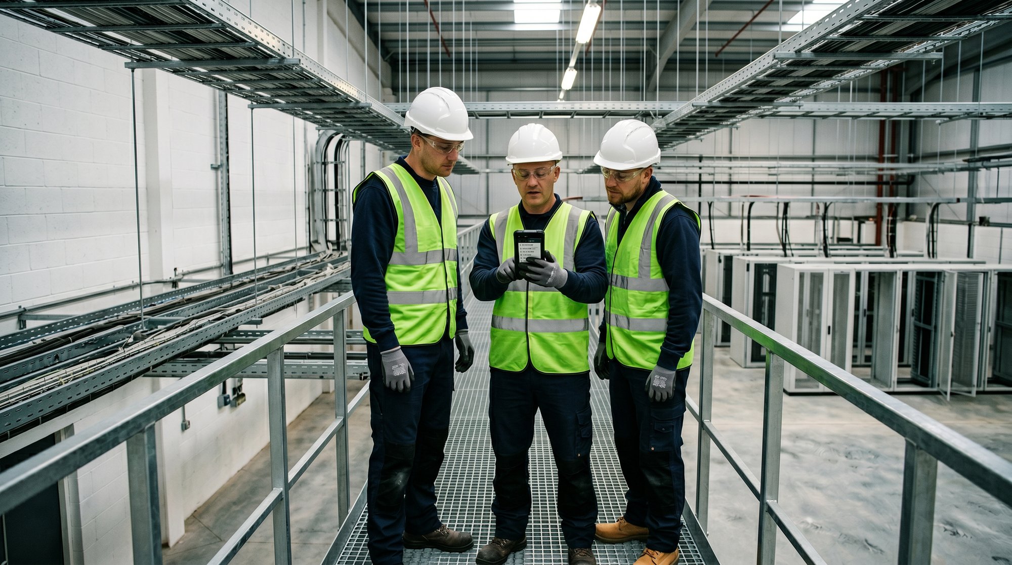 General operative on the gantry at Cranebank, green high-visibility vest, white hard hat, phone in hand showing today's tasks.