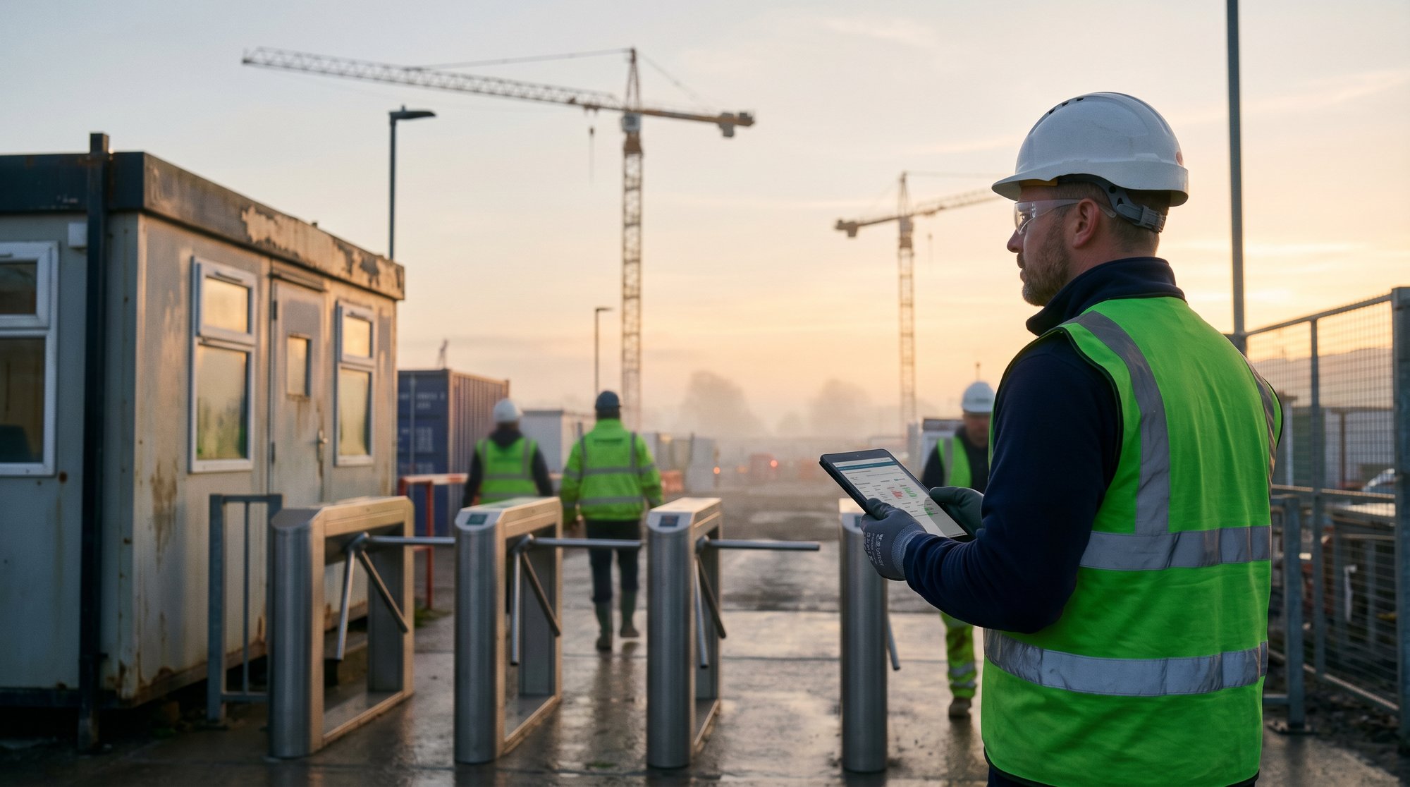 Safety lead at the gatehouse turnstile at first light in green high-visibility vest, white hard hat and clear safety glasses, holding a tablet showing the live permit and RAMS dashboard — Cranebank data centre.